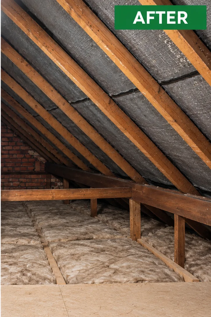 Loft after spray foam removal, with clean rafters and felt visible behind them