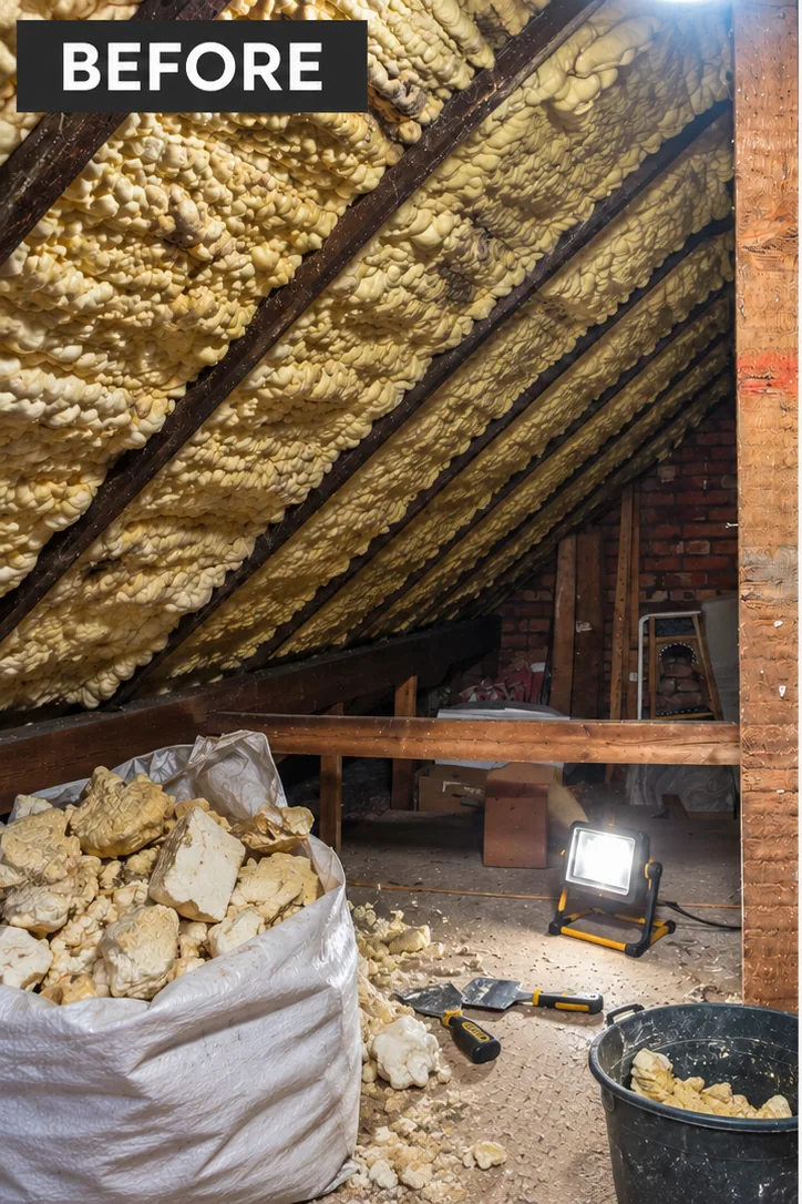 Bournemouth loft with closed-cell spray foam across the full roof slope, part way through removal