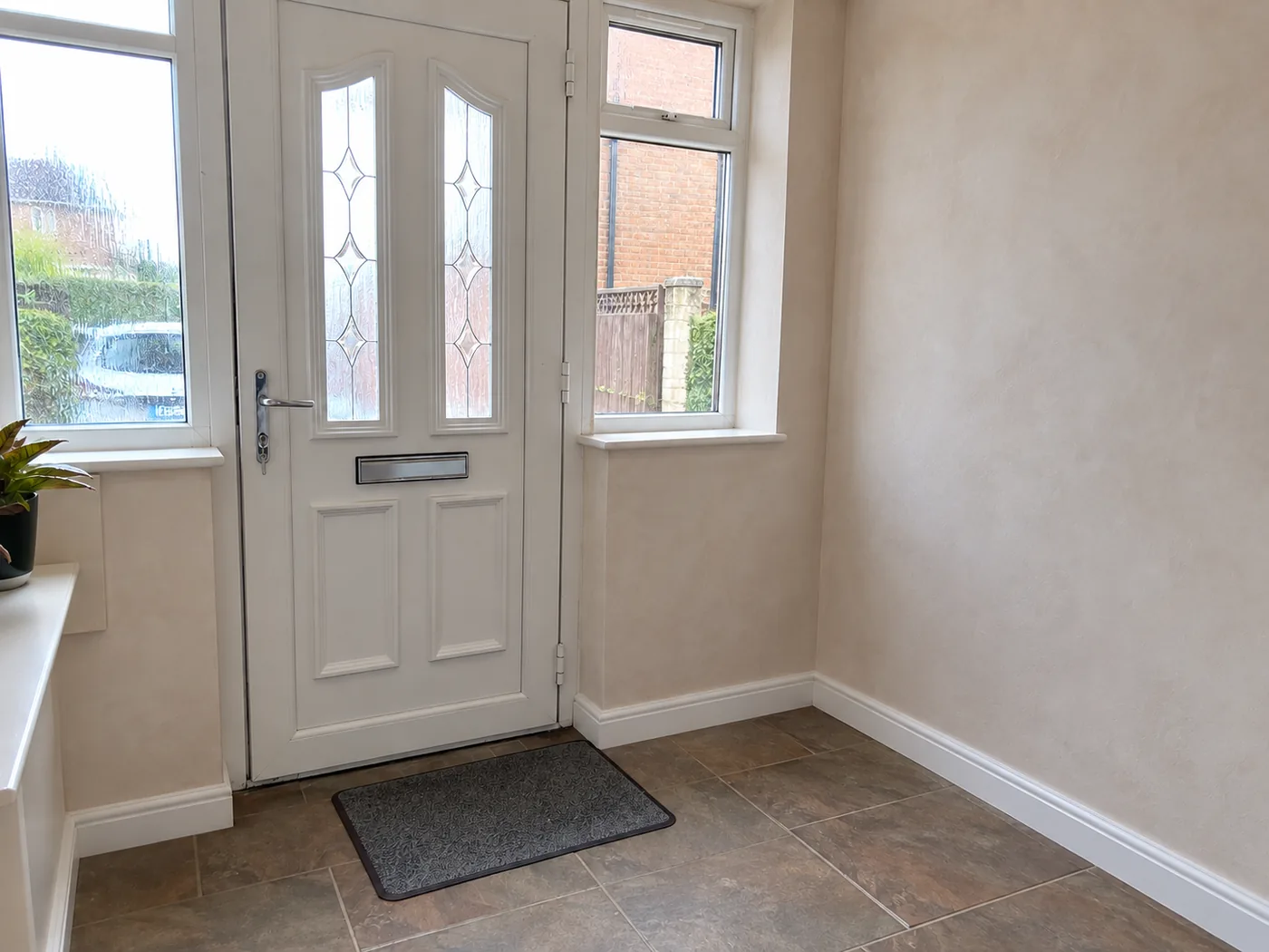 Entrance hall after damp proofing, replastered with new skirting and ready to decorate