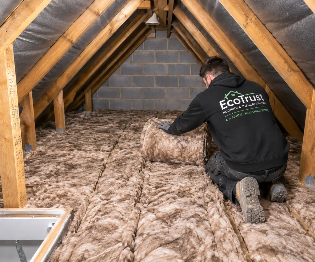 Installer laying mineral wool insulation evenly across a loft