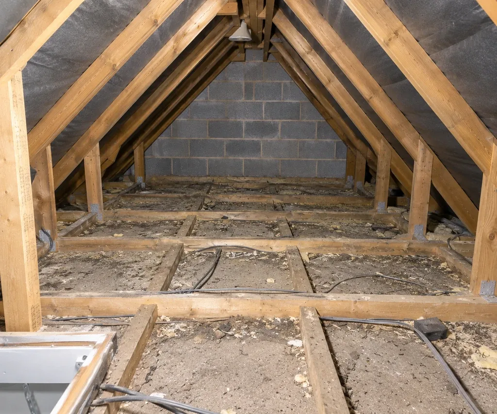 Manchester loft before reinsulation, with thin patchy insulation and debris between the joists