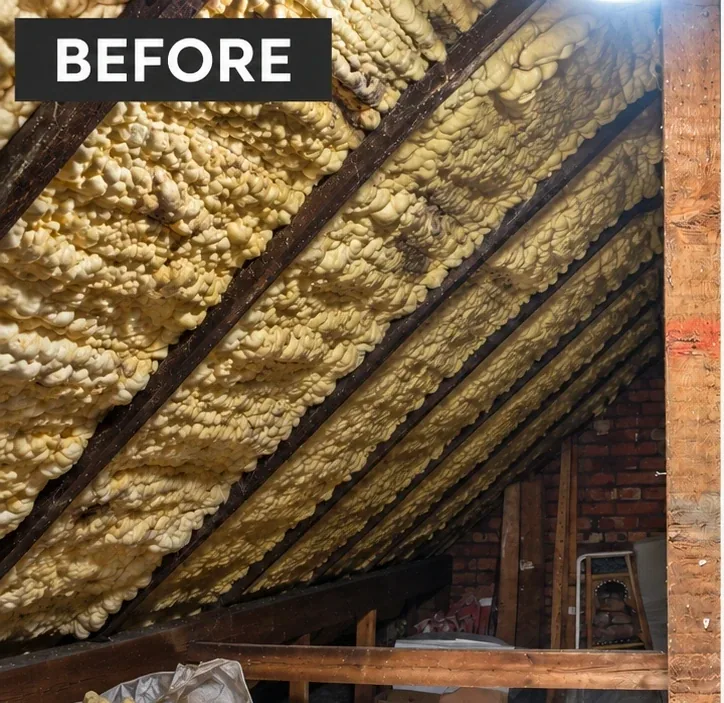 Loft roof slope covered in yellow spray foam insulation before removal